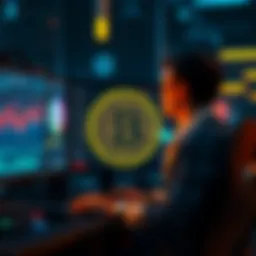 A miner at a computer screen showing Pi cryptocurrency graphics and statistics, emphasizing growth and utility.