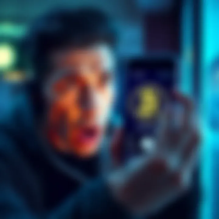 A person looking worried at their phone showing a Pi Coin app, with a shocked expression.
