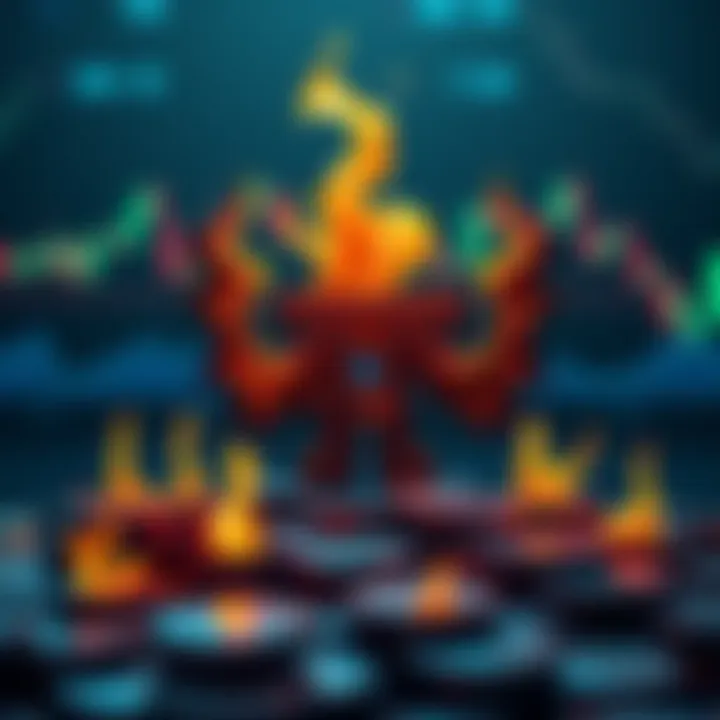 Navigating the Future of Pi Cryptocurrency A graphic representation of the Pi cryptocurrency logo merging with digital tokens and flames to symbolize token burn mechanisms, against a backdrop of fluctuating market graphs.