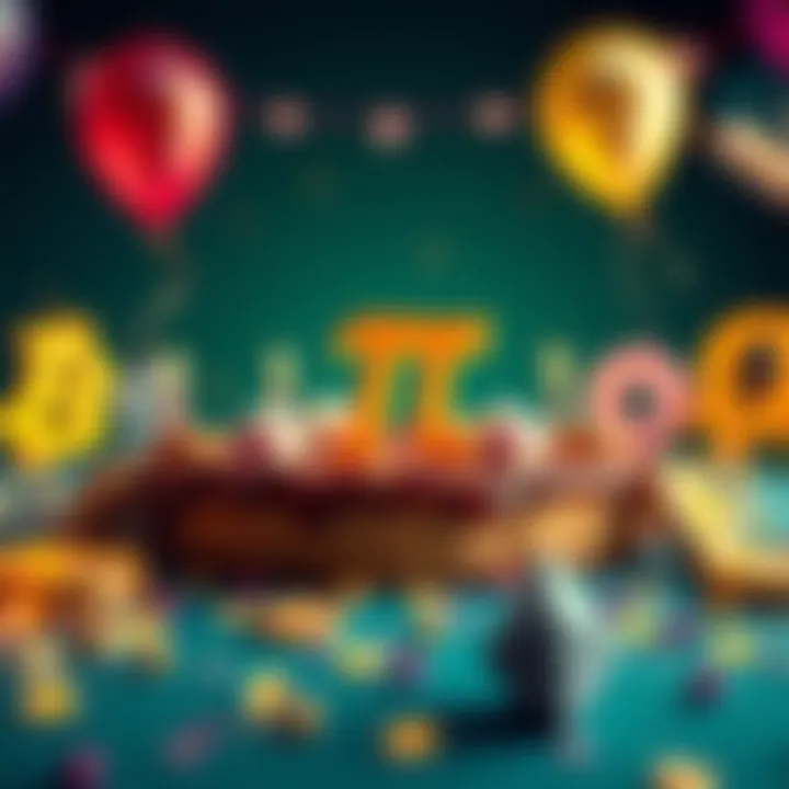 A festive scene showcasing Pi Day celebrations with pie, balloons, and cryptocurrency symbols like Bitcoin and Ethereum in the background.