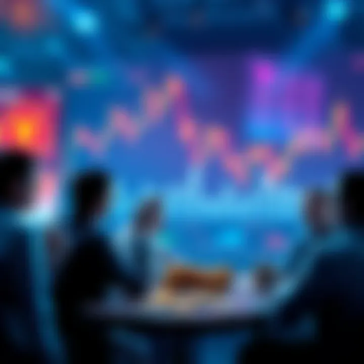 People debating whether to sell or hold Pi Network coins, with graphics of coins and market trends in the background