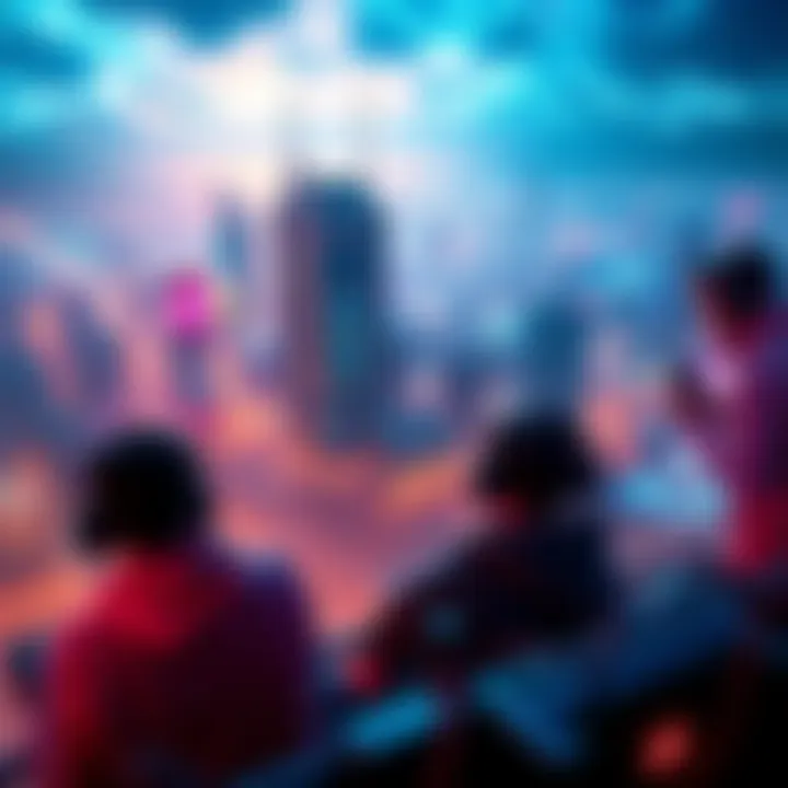 An engaging visual depicting vibrant cityscapes and gamers immersed in play, showcasing the innovative landscape of the Pi network for game development.