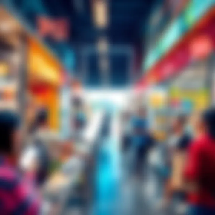 A graphic representation of Pi Network users engaging in real-world commerce, featuring diverse products and happy consumers.