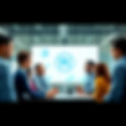 A team of diverse entrepreneurs discussing ideas in a modern office, with charts and a Pi Network logo displayed, symbolizing the launch of a $100 million investment initiative