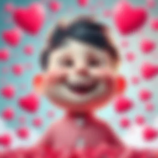 A joyful character named Pinky Pinky with a big smile, surrounded by hearts and colorful elements representing love and happiness.