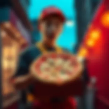 A pizza delivery person holding a strange item received from a customer, looking surprised.