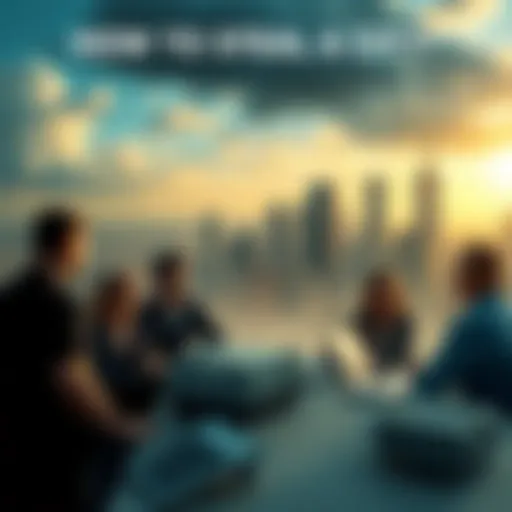 A group of people discussing bold strategies to take control of a city with city skyline in the background