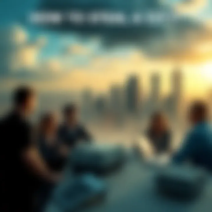 A group of people discussing bold strategies to take control of a city with city skyline in the background