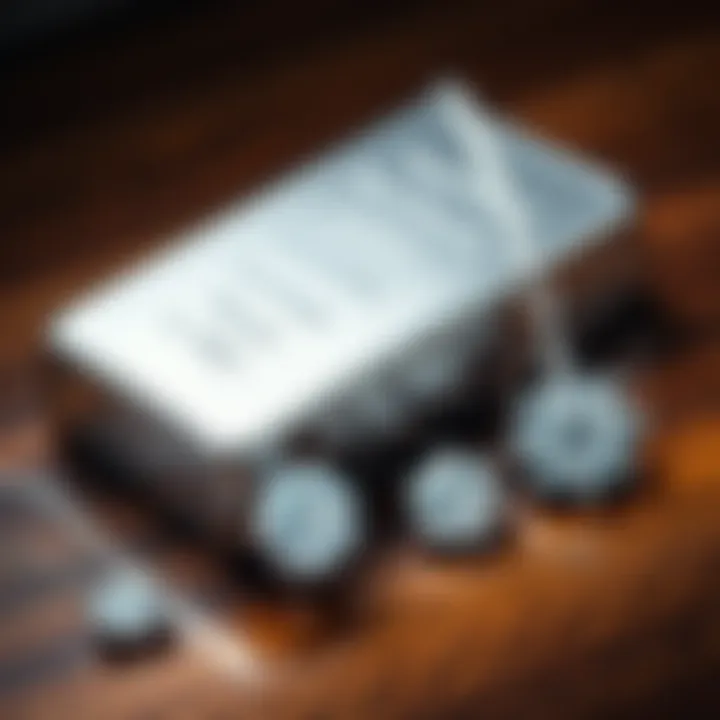A shiny platinum bar next to elegant platinum jewelry on a wooden surface