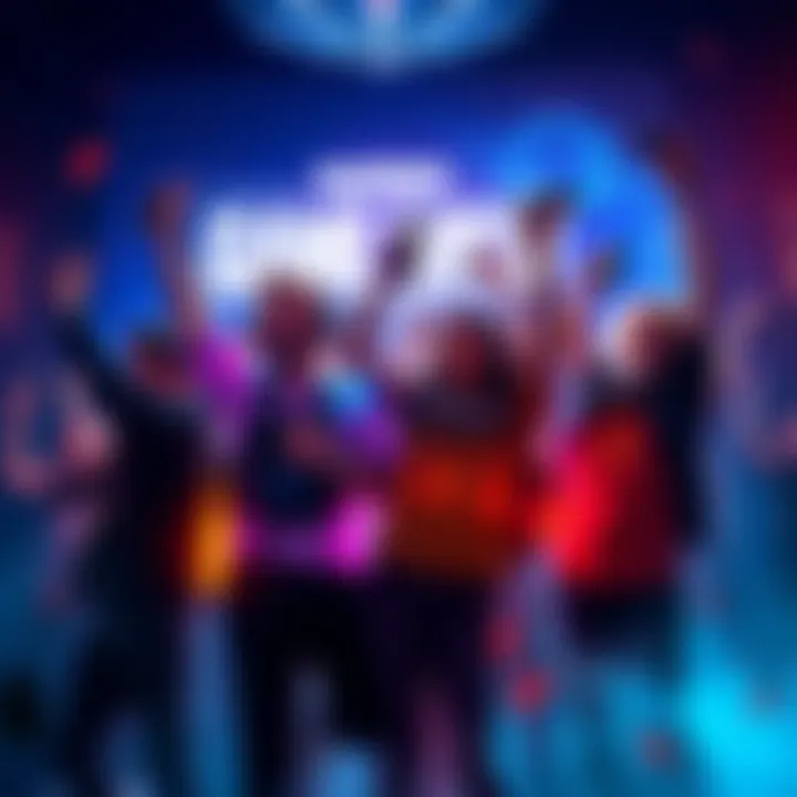 A group of players expressing excitement and joy over new game quest updates, with gaming gear and controllers in their hands, celebrating together.