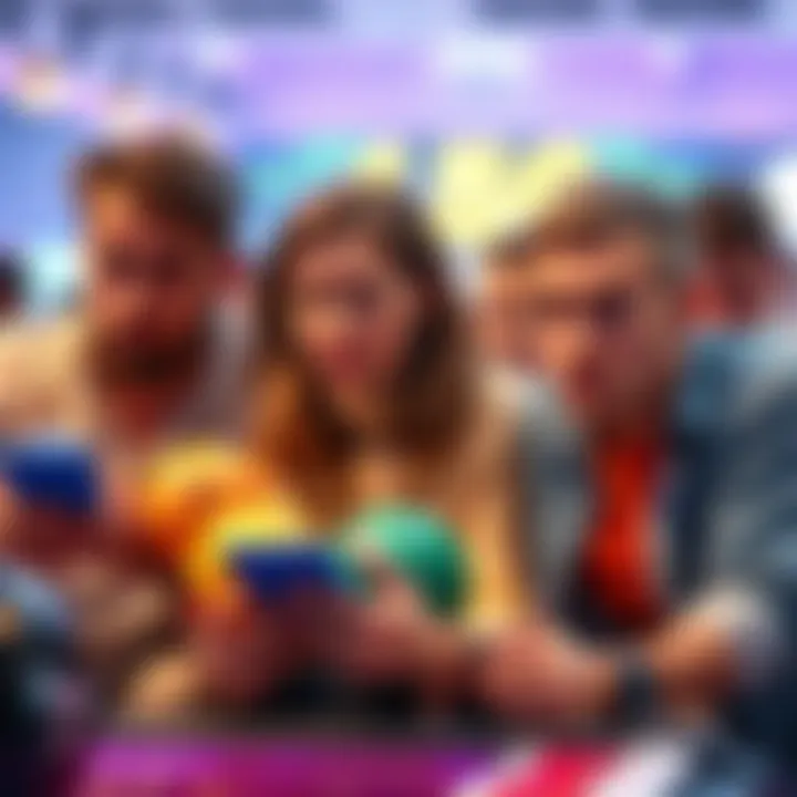 A group of people looking disappointed while playing a mini bowling game on their devices, showing lag and scoring issues.