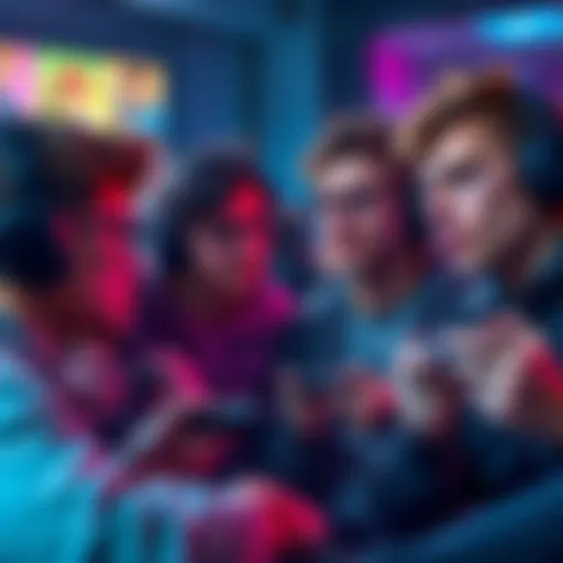 Players Reacting to Game Update A group of gamers discussing a recent game update with focused expressions and game controllers in hand
