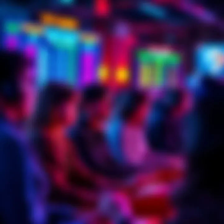 A group of people intensely focused on playing mini games at a gaming event, with leaderboards displaying top scores in the background.