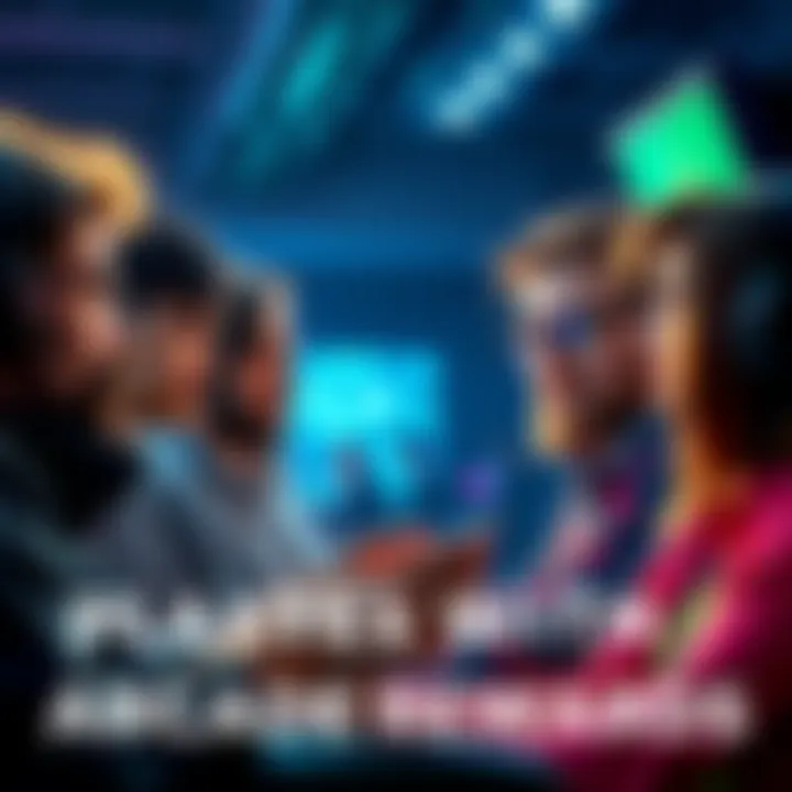 Group of gamers discussing missing rewards after an arcade event, showing expressions of concern and confusion.