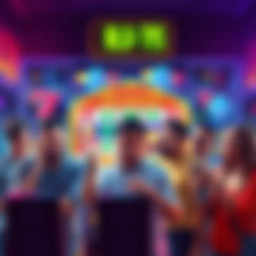 A group of gamers expressing frustration after spinning a virtual slot machine and receiving only bid tokens, with a backdrop of a colorful game interface showing bid tokens prominently.