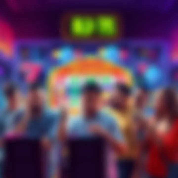 A group of gamers expressing frustration after spinning a virtual slot machine and receiving only bid tokens, with a backdrop of a colorful game interface showing bid tokens prominently.