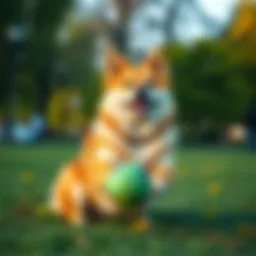Our cheerful Doge Dog playing with a ball in the park, showcasing its fun and friendly personality.