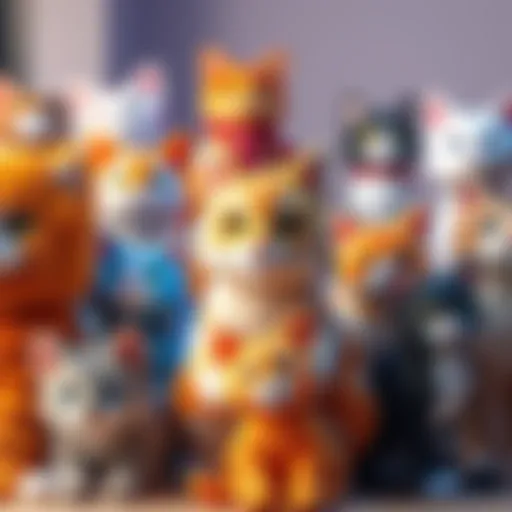 A colorful display of various plush cat replicas showcasing different breeds and styles