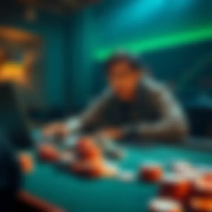 A person sitting at a poker table with chips and a laptop displaying cryptocurrency charts, looking worried about their losses.