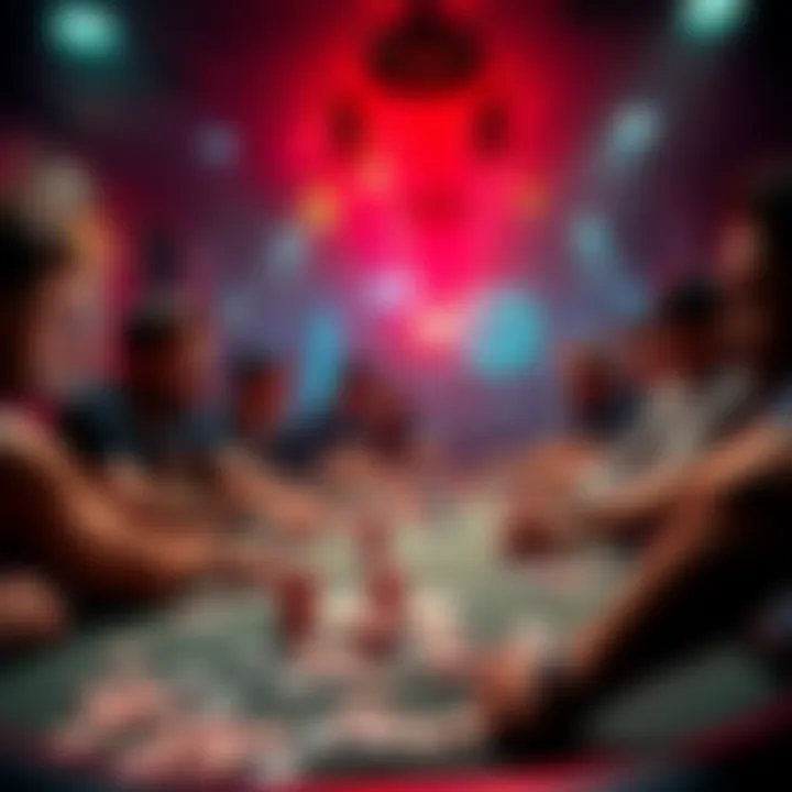 Poker Party in San Francisco A secret poker party scene in San Francisco with people gathered around a poker table, chips scattered, and a tense atmosphere as participants look serious about their game