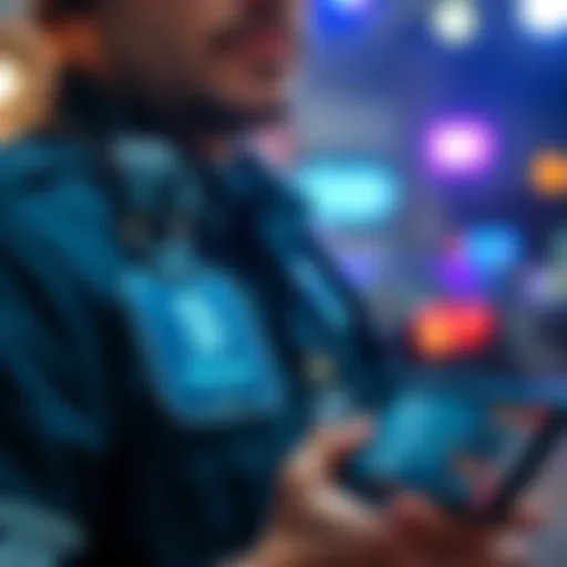 A police officer wearing a body cam, with a blurred background showing a digital wallet on a phone, symbolizing crypto security.