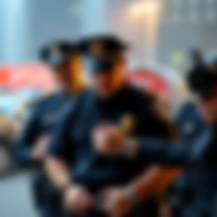 A police officer in uniform being handcuffed by other officers after stealing cryptocurrency