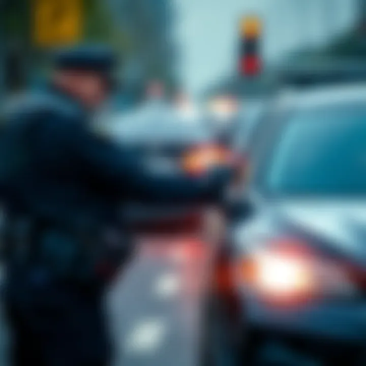A police officer in uniform brake checking a car during a traffic stop on a busy road, showing tension between the officer and the driver
