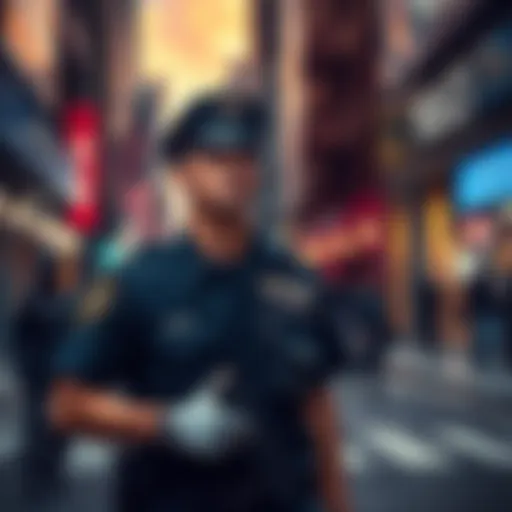 A police officer walks through a city street with a concerned expression, highlighting the increasing presence of law enforcement amid rising crime rates.