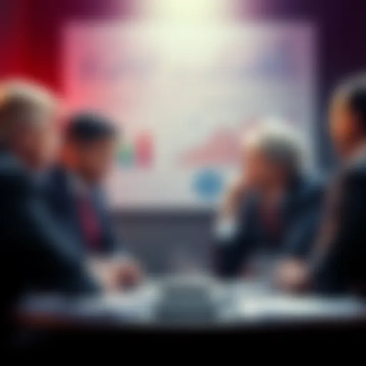 A group of politicians discussing crypto policy, with charts and graphs in the background.