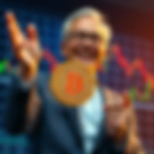 A U.S. politician with a smile, holding a Bitcoin symbol while charts showing profits are displayed behind.