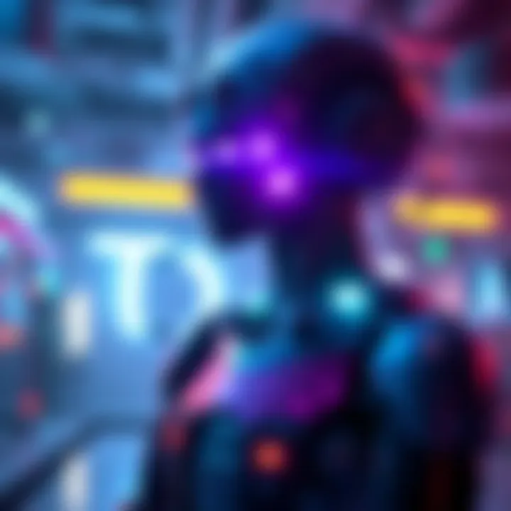 A sleek and innovative humanoid robot visualized in a cyberpunk setting, incorporating elements of the Polkadot ecosystem.