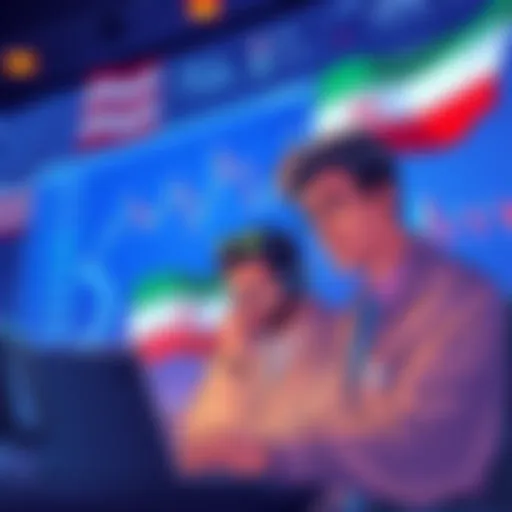 An illustration showing traders worried over charts and financial data with a background of US and Iran flags