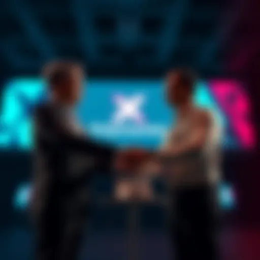 Polymarket and X representatives shaking hands at a press event, showcasing their partnership in prediction markets.