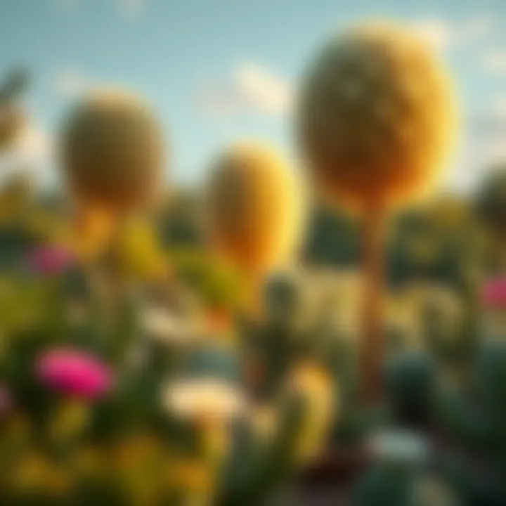A garden scene showing missing poofy trees with a new cactus emerging