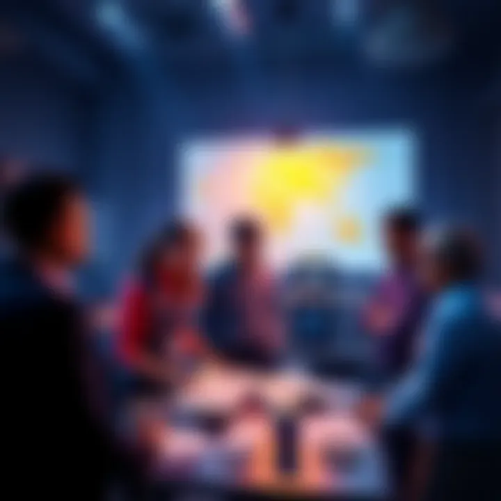 A group of people discussing how to pool ETH for staking with charts and documents in front of them.