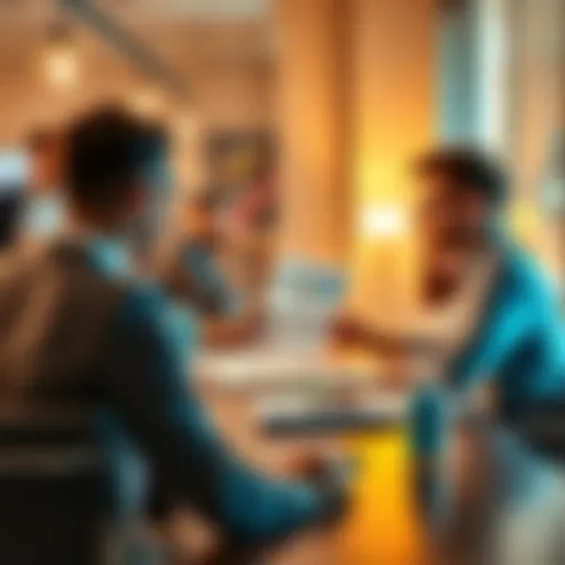 A person presenting their portfolio on a table while others provide feedback