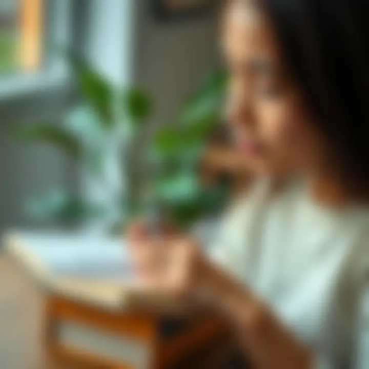 A person writing positive affirmations in a notebook with a calm expression and a plant in the background.