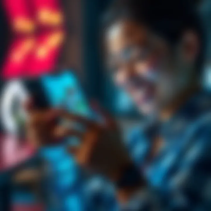 A person smiling while using a smartphone showing the new app interface, highlighting enhanced performance and user satisfaction.