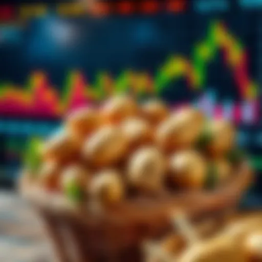 Fresh potatoes in a basket with financial charts in the background, symbolizing their market performance