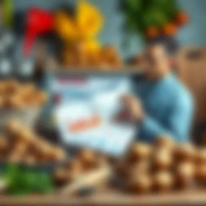 Potato Investment Trend A businessman analyzing charts and graphs related to potato investments, surrounded by fresh potatoes and agricultural tools.
