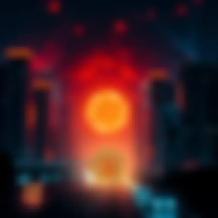 A dark cityscape with flickering lights symbolizing a power outage, and a Bitcoin symbol in the foreground fading away
