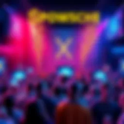 A vibrant community gathering around the $POWSCHE memecoin, showcasing excitement and engagement through digital screens and luxury prizes.