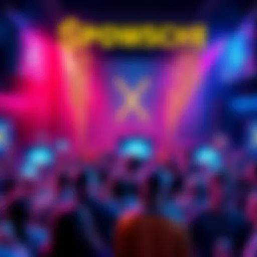 A vibrant community gathering around the $POWSCHE memecoin, showcasing excitement and engagement through digital screens and luxury prizes.