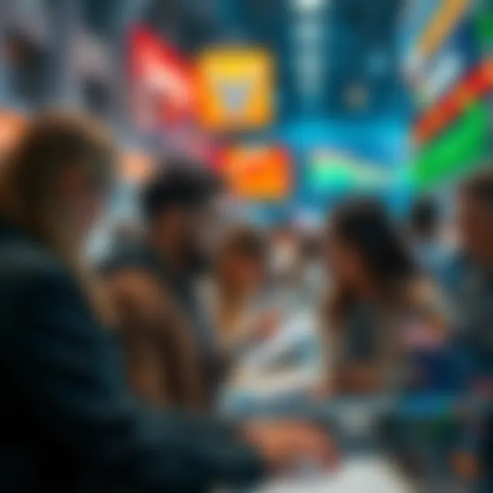 A group of people participating in a lively prediction market event, discussing predictions and analyzing data.