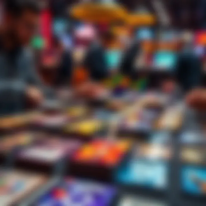 A colorful assortment of prediction market trading cards displayed on a table, showcasing various designs and themes, with some people engaged in trading nearby.