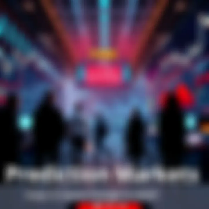 Prediction Markets Future A digital representation of prediction markets, showing people trading on various outcomes with graphs and charts in the background.