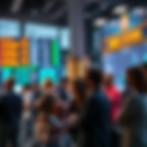 A group of people discussing and placing bets on real-world events in a lively setting, showcasing platforms for prediction markets