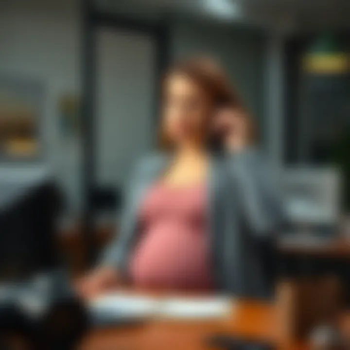 A pregnant woman sitting at a desk, looking worried while on a call about her pregnancy at work