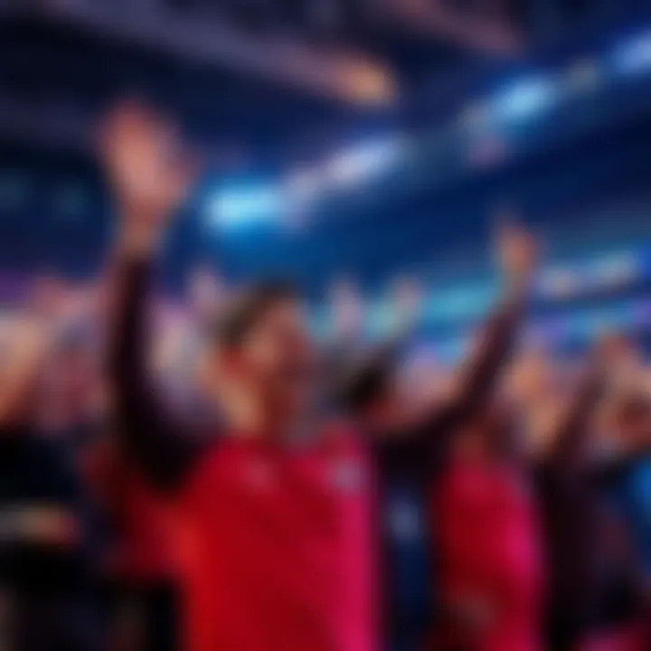 A group of enthusiastic soccer fans wearing jerseys, cheering during a Premier League match, capturing the excitement in the stadium