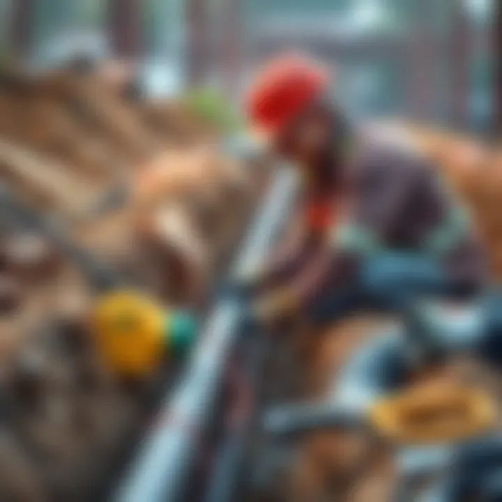A construction worker laying pipes in a trench, symbolizing preparation for future success, with tools and equipment nearby.